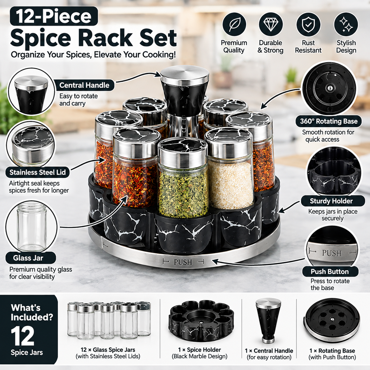 Rotating Spice Rack Set - Marble Style - 8 Pieces
