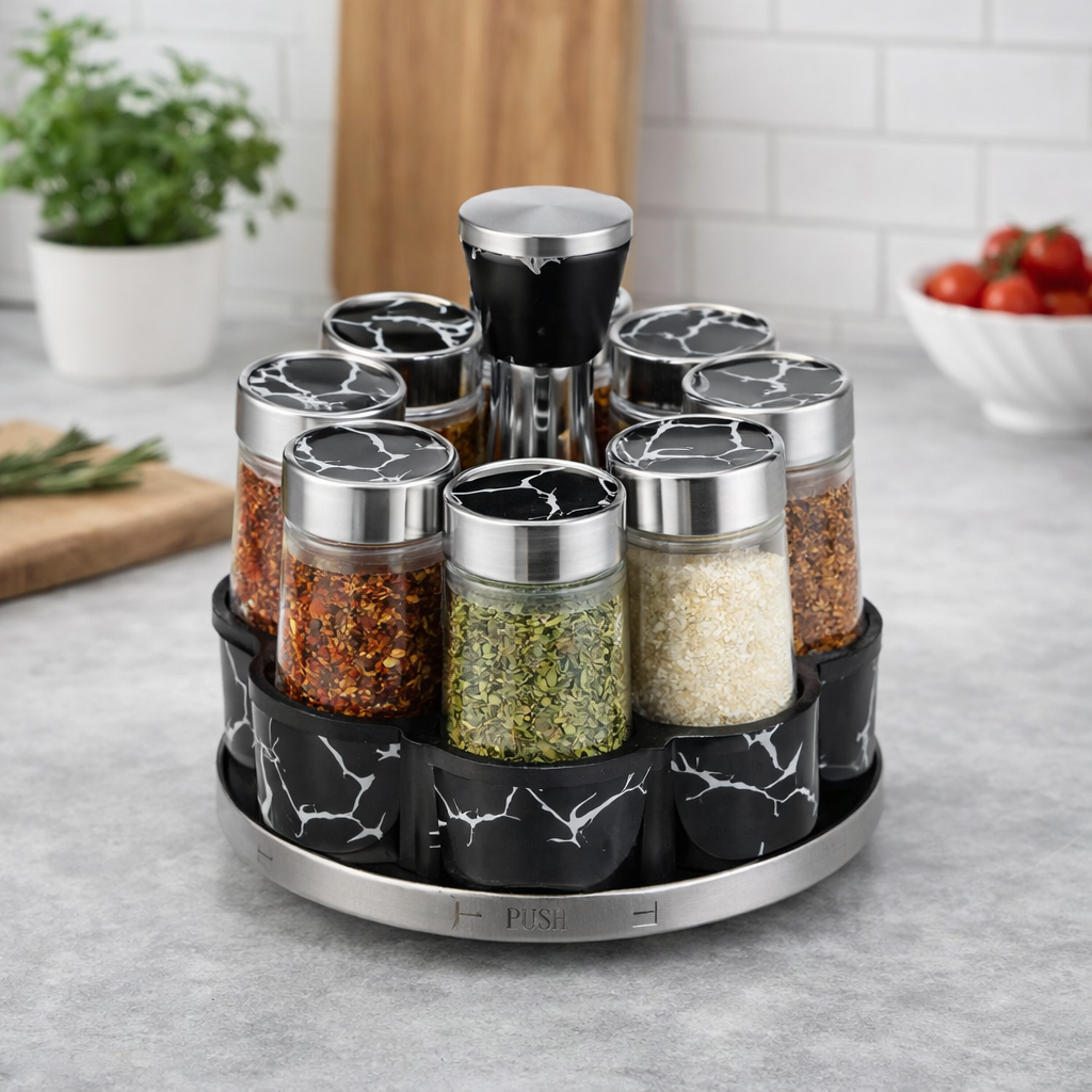 Rotating Spice Rack Set - Marble Style - 8 Pieces